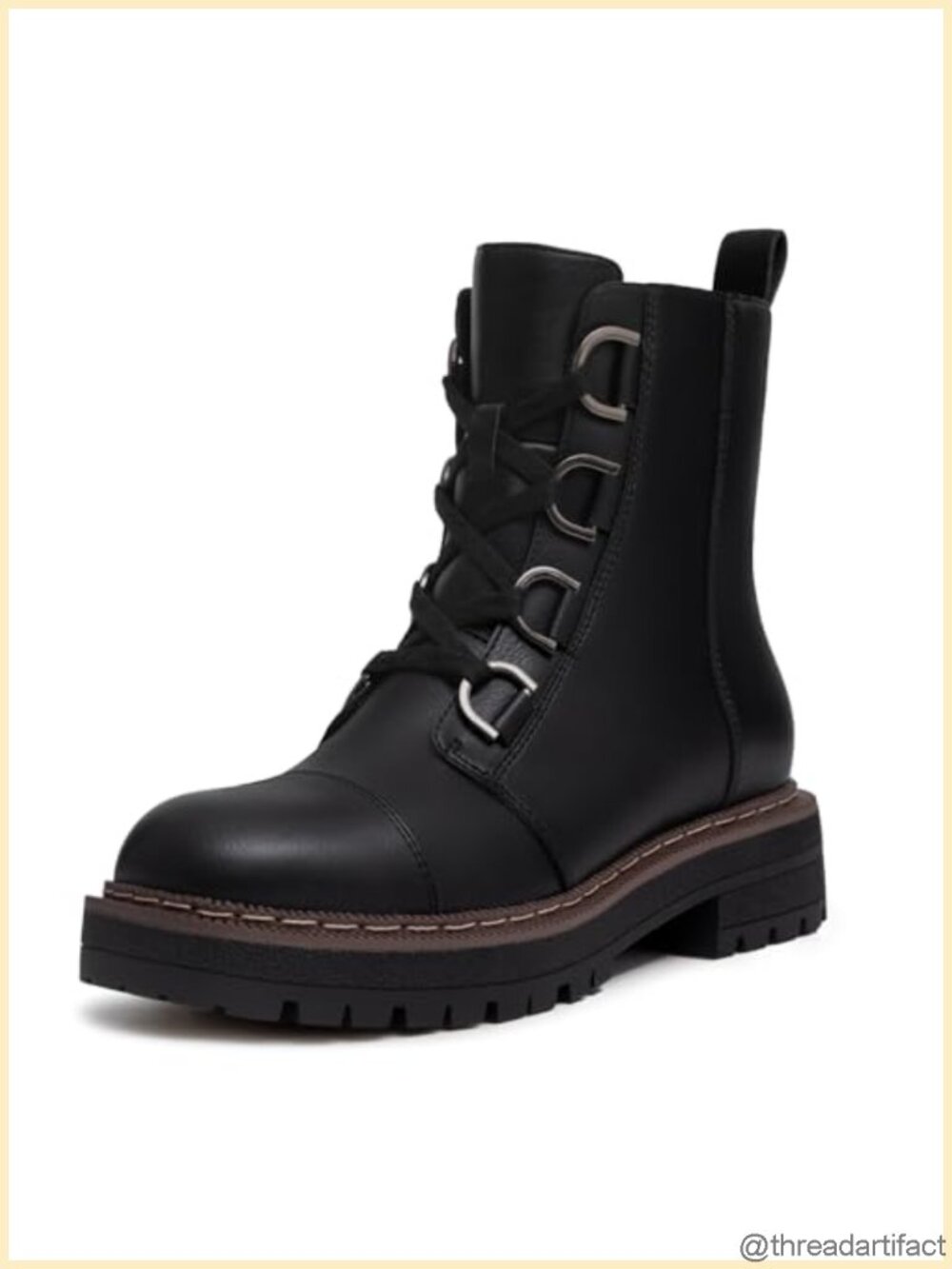 Women's Low Chunky Heel Lace-Up Platform Ankle Combat Boots Faux Leather Round